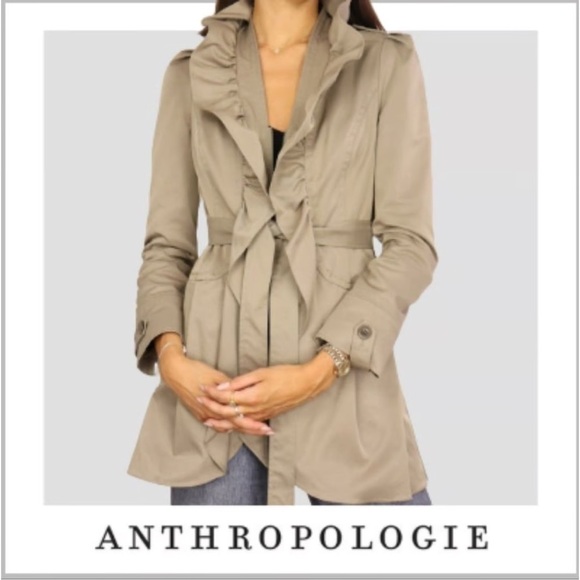Jackets & Blazers - Anthropologie IDRA Khaki Beige Ruffle zip Trench Coat Jacket Animal Print Sz 10